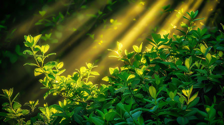 The rays of the sister crossing a green bushの素材