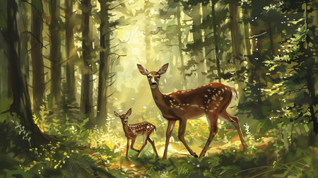 A doe and her cub through the forestの素材