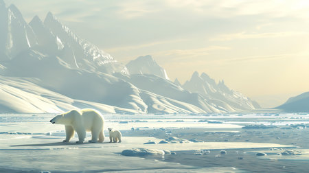 A polar bear and its cub through the snowの素材