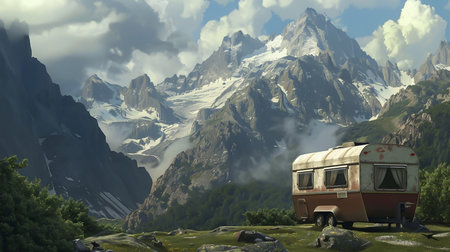 A camping trailer against the backdrop of a mountain landscapeの素材