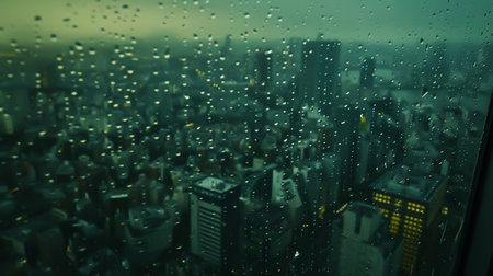 Raindrops on a window, a city in the backgroundの素材