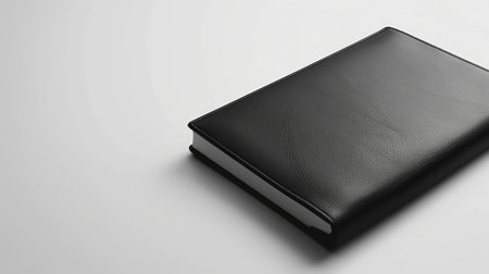 A notebook with a black cover on a white backgroundの素材