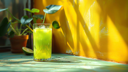 A green cocktail with ice on a yellow background with tropical leavesの素材
