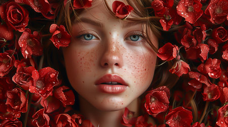 Portrait of a girl on the background of red flowersの素材