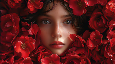 Portrait of a girl on the background of red flowersの素材