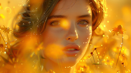 Portrait of a girl on the background of yellow flowersの素材