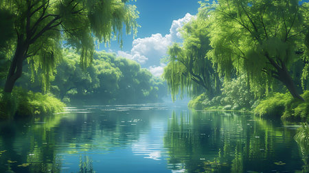 Willows on a lake in the morningの素材