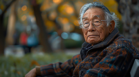 An old man on a chair in the parkの素材