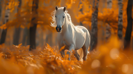 A white horse in the autumn forestの素材