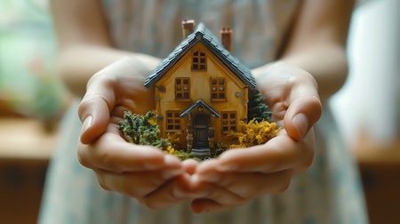 A person holds a model of a house in his handsの素材