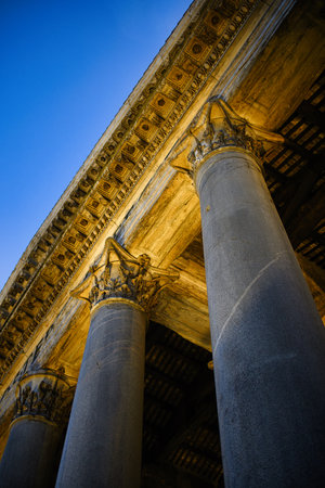 The Pantheon facade columns at night blue hour. Rome, Italy
