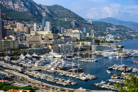 Monaco Monte Carlo buildings and port in summer, sea and mountains