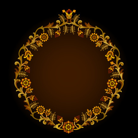 Round yellowfloral frame  on black background のイラスト素材