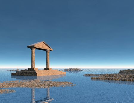 Sea with rocky islands and an ancient stone building. 3d illustrationの写真素材