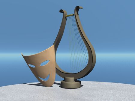 Theatrical comic mask and lyre. 3d illustrationの写真素材