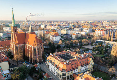 Poland, Wroclaw - December 2019: Top view from the observation deck of the Cathedral of John the...