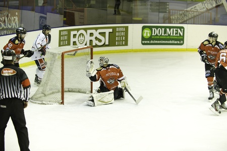 MILAN, NOVEMBER 22   Puck in the net during  H C  Milan - H C  Valpellice  in Italian Ice Hockey Premier League  on November 2012, Milan のeditorial素材