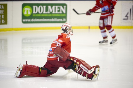 MILAN, ITALY - NOVEMBER 28: Goalie Alleghe streaching  in HC Milan RB vs. HC Alleghe, Italian Premier League on November 27, 2012, in Milanのeditorial素材