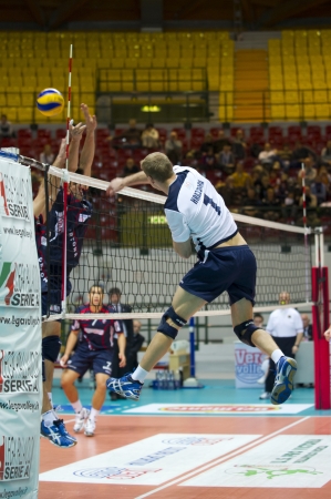 MILAN - DECEMBER 9  Michal Hrazdira  white 1  - Verovolley  during Verovolley vs  Ortona, in A2 Italian League on December 9 , 2012 in Milan  Italy  のeditorial素材