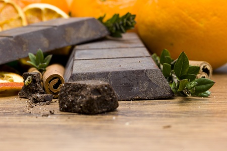 orange raw  chocolate on wooden table-closeupの写真素材