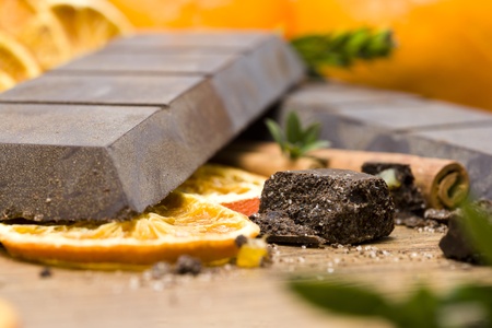 orange raw  chocolate on wooden table-closeupの写真素材