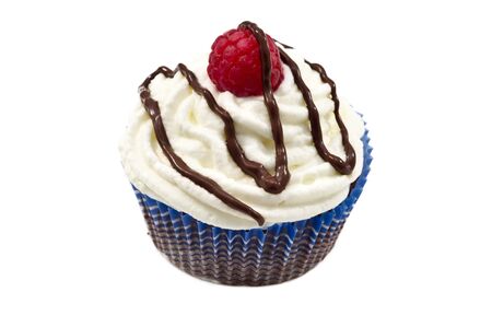 muffins with raspberry, whipped cream and chocolat on white backgroundの写真素材