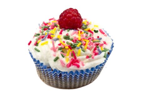 chocolat muffin whith whipped cream and raspberry on white backgroundの写真素材