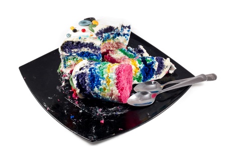 Plate of leftover cake  from a party on white backgroundの写真素材