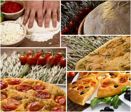 Apulian  italian  focaccia  with black olives and cherry tomatoes imagesの写真素材