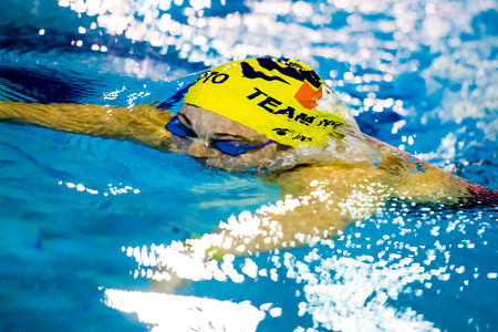 MILAN - DECEMBER 23: F. Fangio (Italy) performing breaststroke Swimming Meeting in Bremen Cup on December 23, 2014 in Milan, Italy.のeditorial素材
