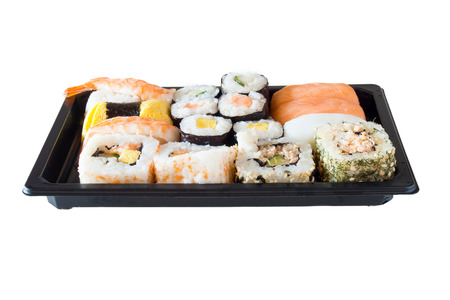 Sushi packs for supermarket in white backgroundの写真素材
