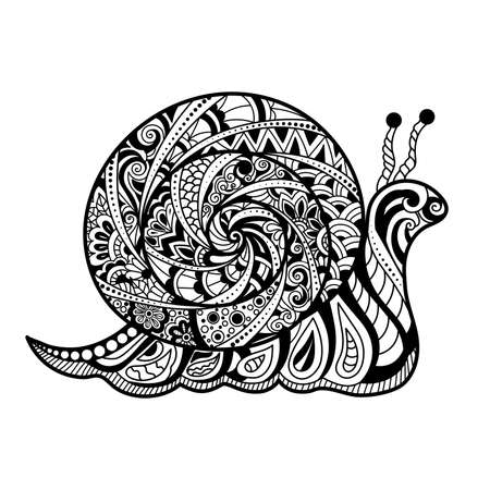 Hand drawn  vector outline snail decorated with abstract ornaments  in black and white color.  illustration in zentangle style.のイラスト素材