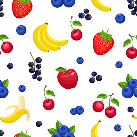 Vector seamless pattern with fruits and berries on white background. Colorful illustration.
