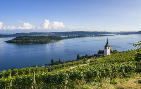 Island of Saint Peter at the lake Biel (Bielersee) and church in Ligerz, Switzerlandの写真素材