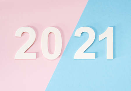 2021 design concept for a calendar or agenda on the pastel pink and blue background. Creative flat layの写真素材
