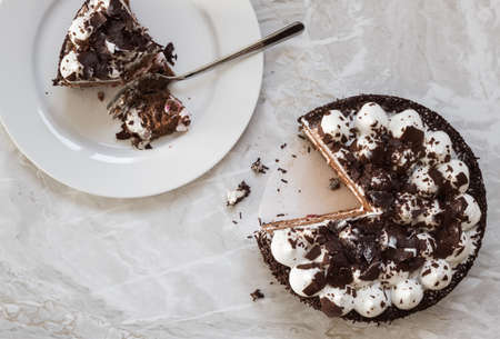 Cake Black forest, traditional German cake. Top view with copy space