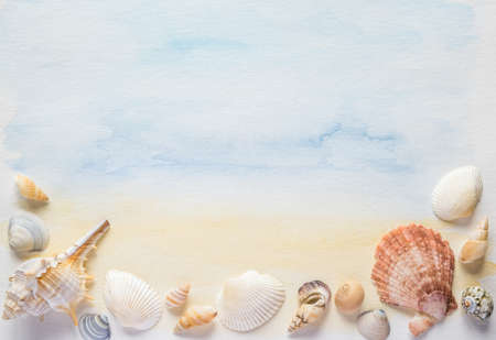 Sea shells on the pastel watercolor hand painted sea background. Top view with copy space