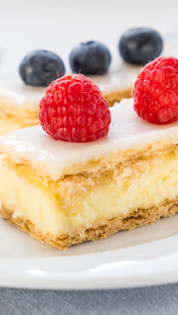 Vanilla custard slices with icing and fresh berries, close upの写真素材