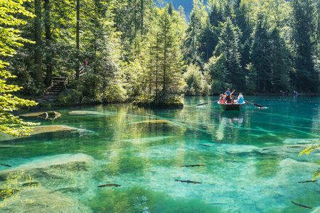 Boat trip on the lake Blausee (Blue lake), Switzerlandのeditorial素材