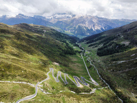 View of the scenic alpine Splugen Pass, Switzerland. Aerial viewの写真素材