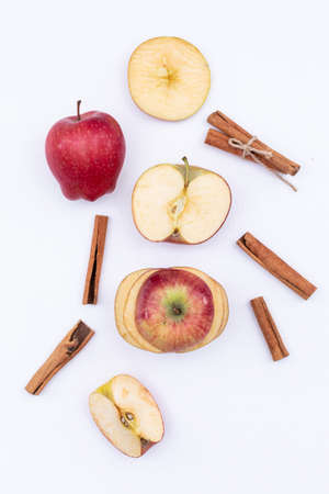 Top view apple and cinnamon isolated on white background