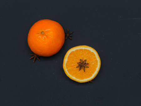 Oranges on a dark background. top view. の写真素材