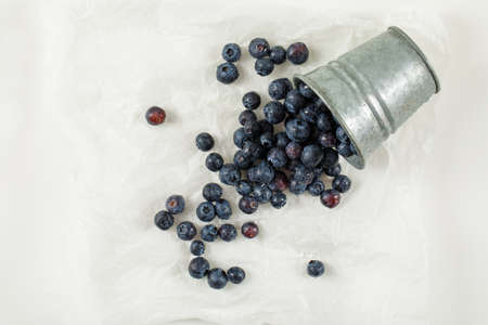 Scattered wet blueberries in a mini bucket on a white wrapping paper background. flat lay.