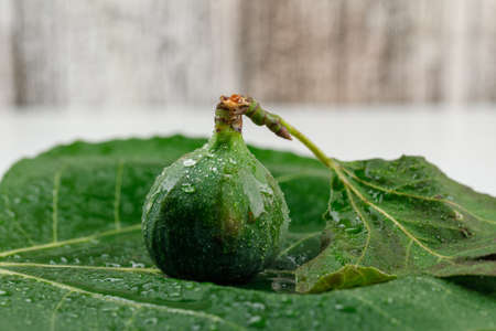 Chilly fig with leaves side view on grungy wooden and white backgroundの写真素材