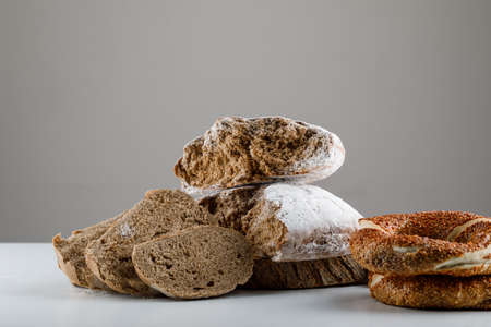 Set of turkish bagel and sliced bread on a white and gray background. side view. 