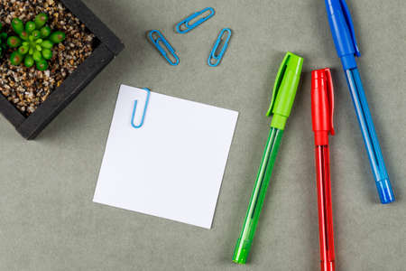 Business concept with pens, paper clips, sticky note, plant on grey background flat lay.