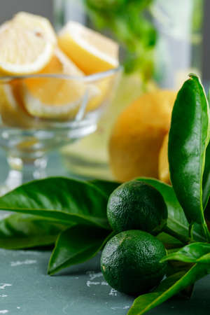 Raw lemon branch with detox water, lemon slices close-up on plaster and grey background