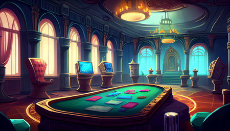 casino 2D background environment for a mobile game. A high quality horizontal background landscape. Gaming template design location. Generative aiの素材