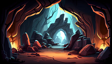 Cave 2D background environment for a mobile game. A high quality horizontal background landscape. Gaming template design location. Generative aiの素材