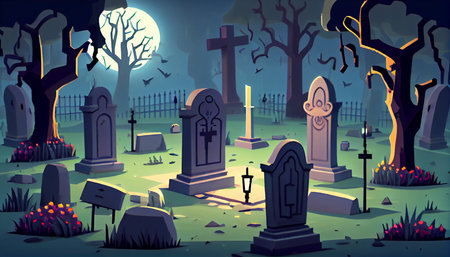 cemetery 2D background environment for a mobile game. A high quality horizontal background landscape. Gaming template design location. Generative aiの素材